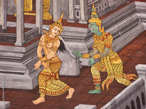Photo: Love scene, Mural painting in Thai royal temple, Ramayana Love scene, Mural painting in Thai royal temple, Ramayana