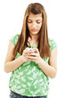 Sad young woman looking at her mobile phone  isolated on white