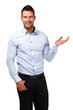 happy business man show something on the palm of hand