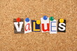 The word values in letters pinned to a cork board The word values in letters pinned to a cork board