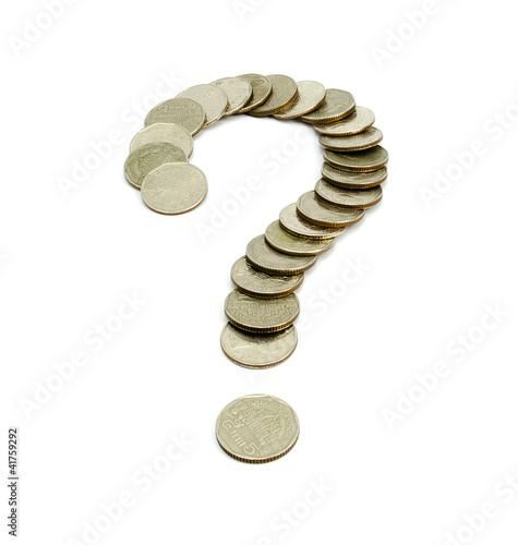 Photo: Coins baht thailand Question Mark isolated on white background Coins baht thailand Question Mark isolated on white background