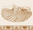 Vintage wine label background, old chateau, village, vineyard