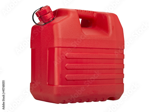 Photo: Red plastic can isolated on white background Red plastic can isolated on white background