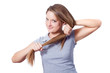 beautiful young woman holding her hair - isolated