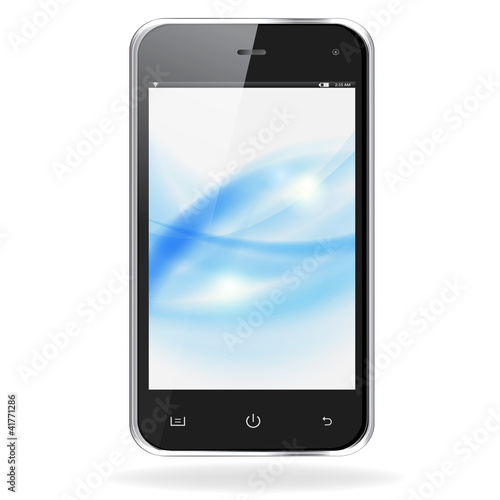 Vector: Realistic mobile phone with blue waves on screen isolated on whi Realistic mobile phone with blue waves on screen isolated on whi