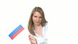 Woman shows Flag with Copyspace