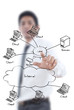 Businessman pushing LAN diagram on the whiteboard.