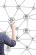 Business lady pushing Social Network diagram.