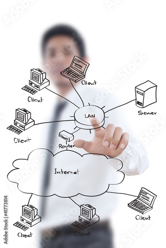 Photo: Businessman pushing LAN diagram on the whiteboard. Businessman pushing LAN diagram on the whiteboard.