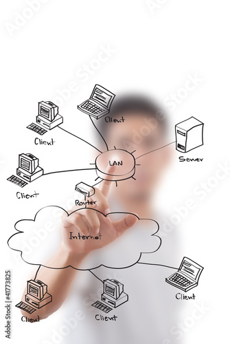 Photo: Businessman pushing LAN diagram on the whiteboard. Businessman pushing LAN diagram on the whiteboard.
