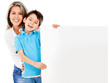 Mother and son with banner