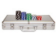 Game pieces on a steel carrying case