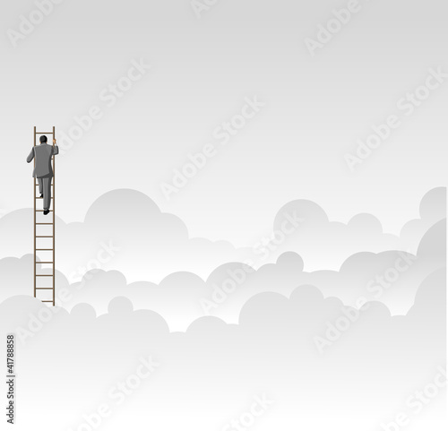 Vector: Business man climbing high ladder above the clouds Business man climbing high ladder above the clouds
