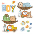 baby boy weighed on the scale, items set on white background