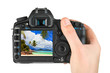 Hand with camera and beach landscape (my photo)
