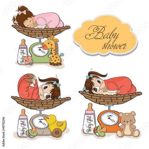 Vector: baby girl on on weighing scale, items set on white background baby girl on on weighing scale, items set on white background