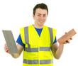A builder with a brick and a trowel