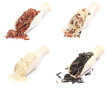 Wooden spoons with various kinds of rice on white background Wooden spoons with various kinds of rice on white background