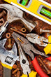 Set of tools on a metallic background