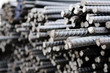 Steel rods or bars used to reinforce concrete, closeup