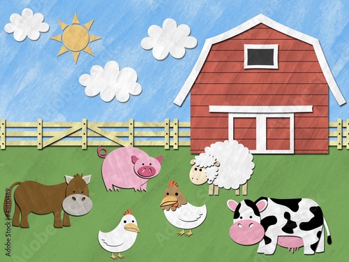 Illustration: Farm animals stand in front of barnyard on sunny day Farm animals stand in front of barnyard on sunny day