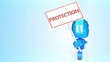 Blue robot with sign