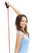 Woman with fitness expander, on white