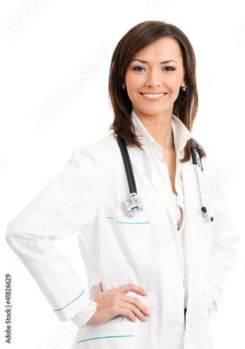 Photo: Happy smiling female doctor, over white Happy smiling female doctor, over white