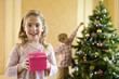 Foto: Portrait of girl (4-6) with pink gift box, brother (7-9) hanging decoration on Christmas tree in background Portrait of girl (4-6) with pink gift box, brother (7-9) hanging decoration on Christmas tree in background