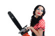 Portrait young girl in style pinup with electric saw on white