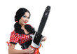Portrait young girl in style pinup with electric saw on white