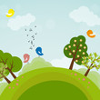 Cartoon earth with trees and birds