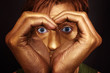 man's face with her hands folded in the shape of a heart