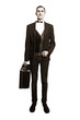 Retro portrait of a young man with a suitcase isolated