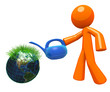 3d Orange Man Watering Globe with Grass