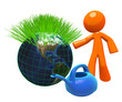 3d orange man with watering can and globe