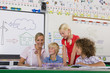 Foto: Curious students and teacher examining model wind turbine in school classroom Curious students and teacher examining model wind turbine in school classroom