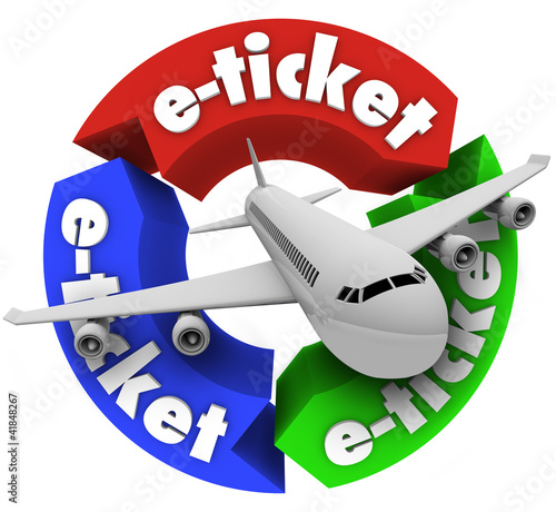 Illustration: E-Ticket Airplane Travel Book Flight for Vacation or Business E-Ticket Airplane Travel Book Flight for Vacation or Business