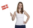 Attractive woman shows flag of Denmark and smiles