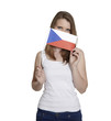 Attractive woman hides her face behind Czechia flag
