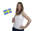 Attractive woman shows flag of Sweden and smiles