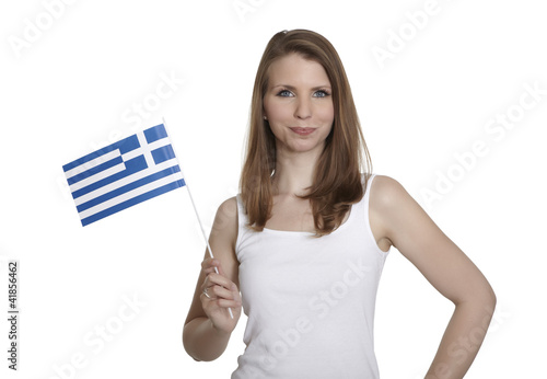 Photo: Attractive woman shows Greece flag and smiles Attractive woman shows Greece flag and smiles