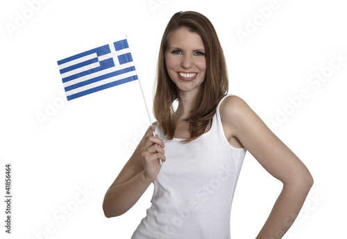 Photo: Attractive woman shows Greece flag and smiles Attractive woman shows Greece flag and smiles