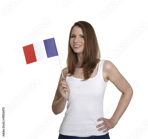 Photo: Attractive woman shows flag of France and smiles Attractive woman shows flag of France and smiles