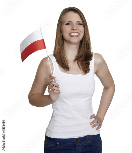 Photo: Attractive woman shows flag of Poland and smiles Attractive woman shows flag of Poland and smiles
