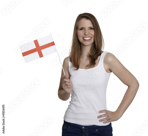 Photo: Attractive woman shows flag of England and smiles Attractive woman shows flag of England and smiles