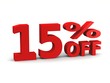 fifteen percent off in red 3d letters