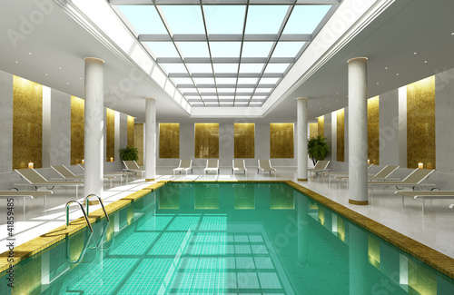 Indoor hotel spa swimming pool lounge interior room skylight by ...