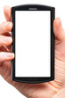 female hand is holding a modern touch screen phone. Screen is cu