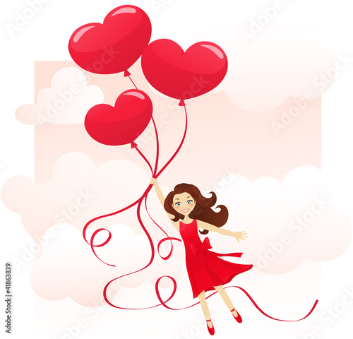 Vector: Cheerful girl flying on heart balloons Cheerful girl flying on heart balloons
